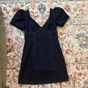 Lulu's Dark Denim V‑Neck Puff Sleeve Mini Dress